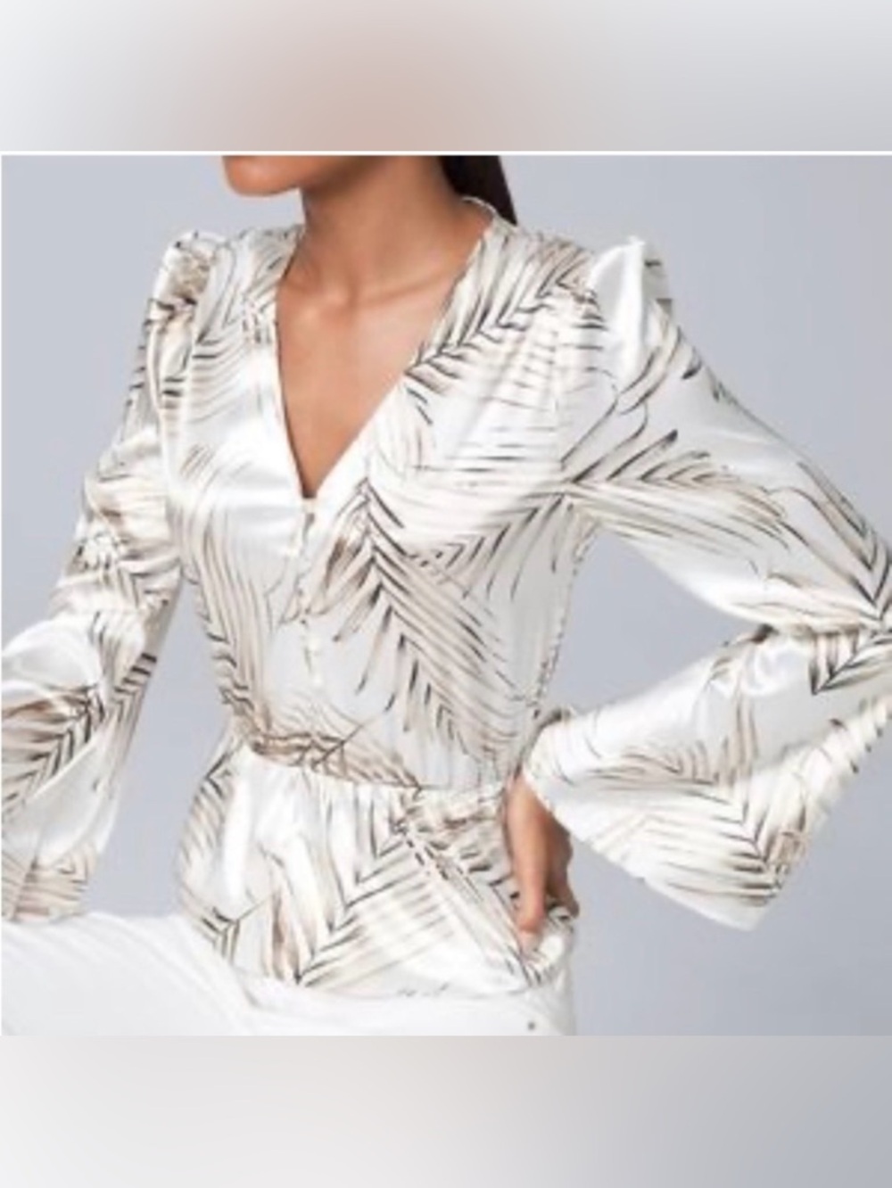 White House Black Market White and Gold Palm-Print Satin Blouse